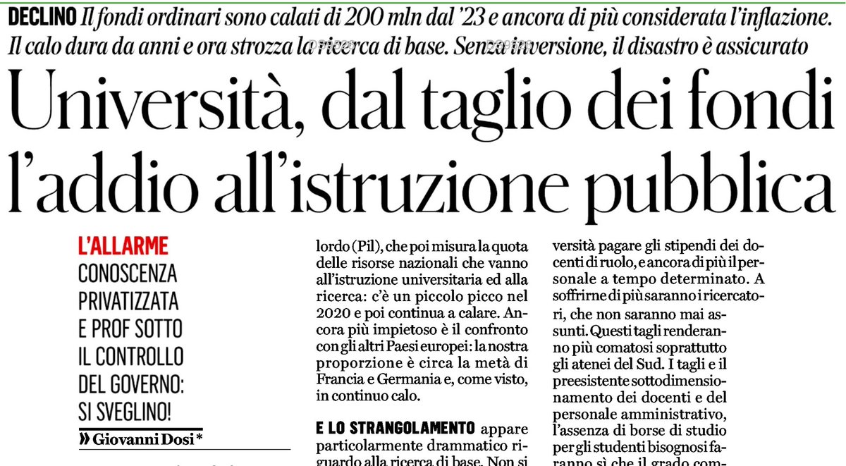 Su il <a href="/fattoquotidiano/">Il Fatto Quotidiano</a>, Giovanni Dosi scrive come i nuovi tagli all'università strangolino la ricerca e l'istruzione pubblica. Così si continua a perseguire la privatizzazione della ricerca, trasformando le università in "un istituto professionale al servizio delle imprese".