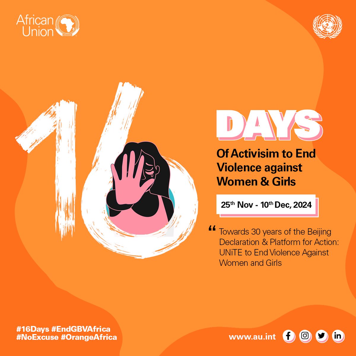 Today marks the beginning of the #16DaysOfActivism Campaign against Gender-Based Violence that will be observed under the theme “Towards 30 years of the Beijing Declaration and Platform for Action: UNiTE to End Violence Against Women and Girls.” 

#NoExcuse #EndGBVAfrica