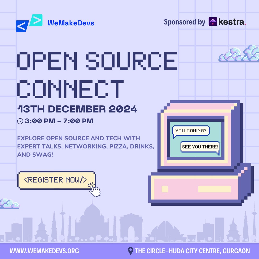 WeMakeDevs's tweet image. We’re thrilled to host our first open-source meetup in Delhi-NCR next month, sponsored by @kestra_io!  

Join us for an evening of insightful talks from industry experts, engaging discussions, and a chance to connect with the open-source community. Enjoy delicious pizza,…