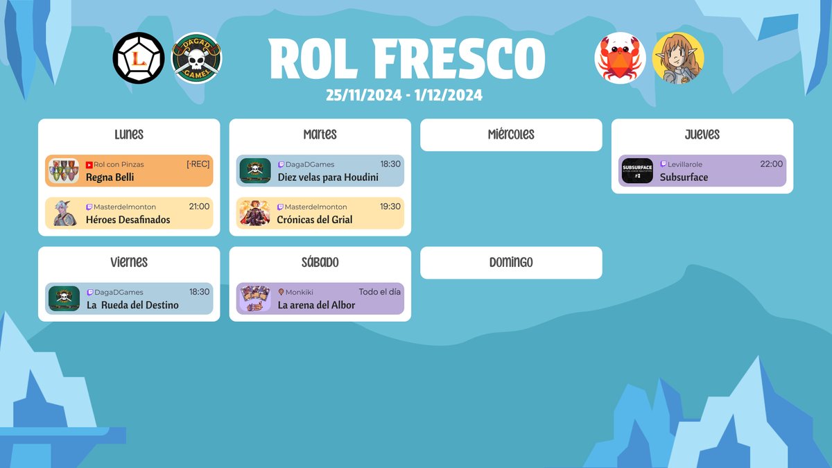 ¡Buenos días y feliz última semana de Noviembre! ¡Traemos el Rol Fresco de esta semana! 

¡Echad un vistazo! Hay partidas emitidas, grabaciones y hay presentaciones de juegos de mesa. 

#RolFresco
