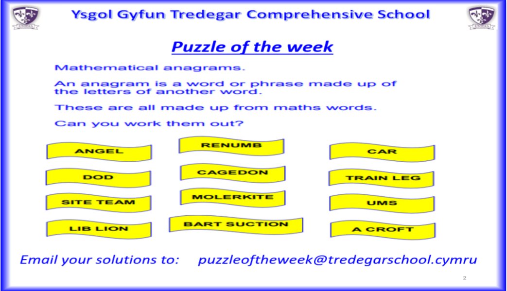 Bore da YGTCS here is your puzzle of the week!

This puzzle requires your literacy skills as you try to rearrange the letters to make a mathematical word.

Please send your solutions to the email shown on the image below, or bring paper solutions to Mr Vokes in J9.