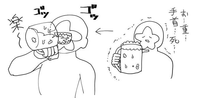 こう…手の甲と腕に載せる感じ…(絵が下手でわかりにくい)
めっちゃ楽になるので重いジョッキが来たけど片手で飲みたいときにどうぞ(?) 