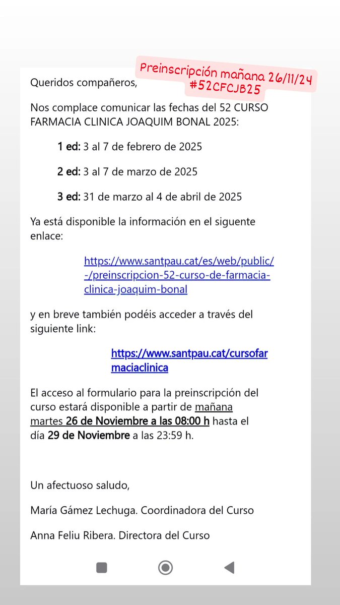 Os informamos que a partir de mañana estará disponible el enlace para poder realizar la preinscripción del Curso Farmacia Clínica Joaquim Bonal <a href="/cfcjoaquimbonal/">Curso Farmacia Clínica Joaquim Bonal</a>
