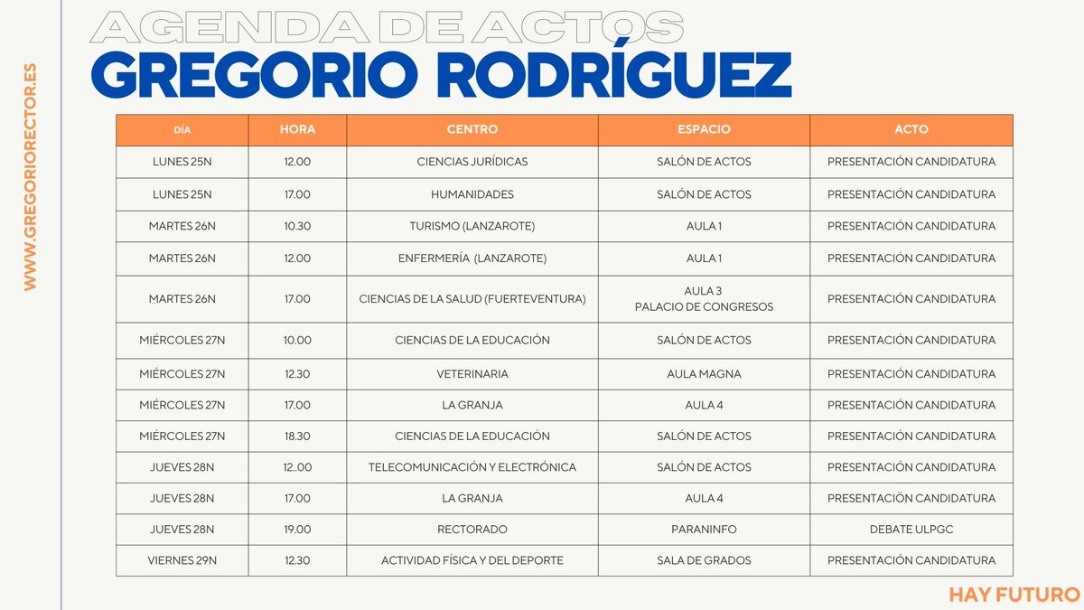 gregoriorohe's tweet photo. Arrancamos una semana cargada de encuentros con la comunidad universitaria. 

Por aquí les dejo la agenda para encontrarnos y hablar sobre el futuro de la ULPGC porque sí: Hay Futuro. https://t.co/s00SgZbOyp