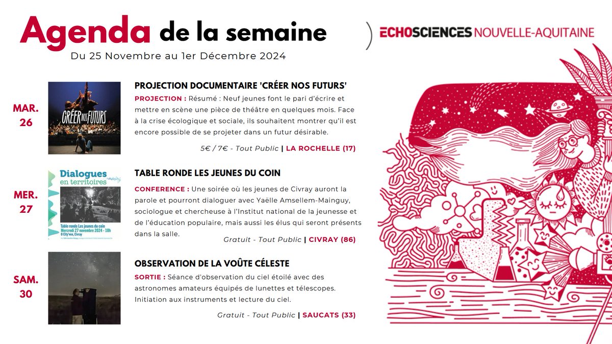 📅 Au programme cette semaine 📅

Venez découvrir les autres événements de la semaine sur Echosciences ! 👀
…hosciences.nouvelle-aquitaine.science/evenements?sta…