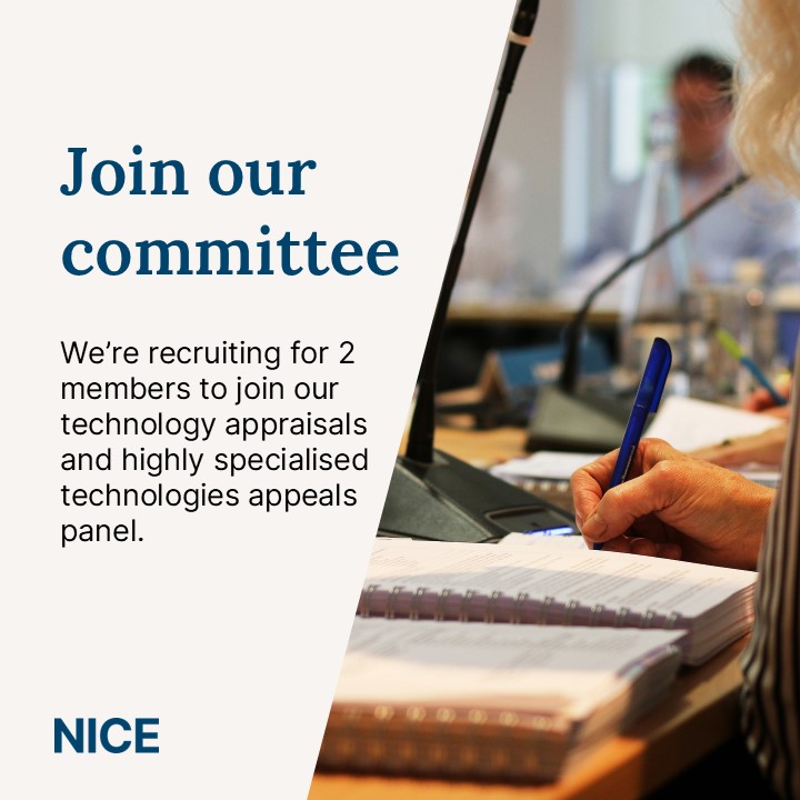 We're looking for 2 life science industry representatives to join the technology appraisals and highly specialised technologies appeals panel. 

📅Closing date: Midnight 4 December 
nice.org.uk/get-involved/o…