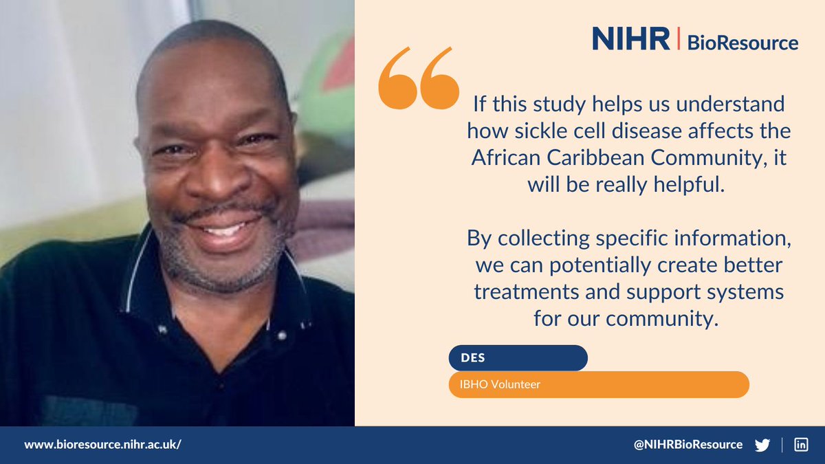 Des is a volunteer for our Improving Black Health Outcomes study. @IBHOStudy

He tells us all about why  #IBHO  is important and how it's about improving the quality of life for individuals to help reduce health inequalities.

Read more here: bioresource.nihr.ac.uk/about-us/volun…