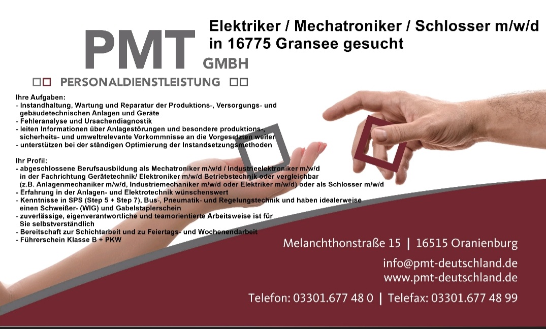 Hallo wir suchen #schlosser #elektriker #mechatroniker in #gransee

Schickt uns eure #bewerbung an
bewerbung@pmt-deutschland.de 

#pmt #pmt_personal #pmtgmbh #potsdam
#jobs #jobsuche #jobsohv #jobsoberhavel
#berlin #jobs #jobsuche #berlinjobs #jobsinberlin
