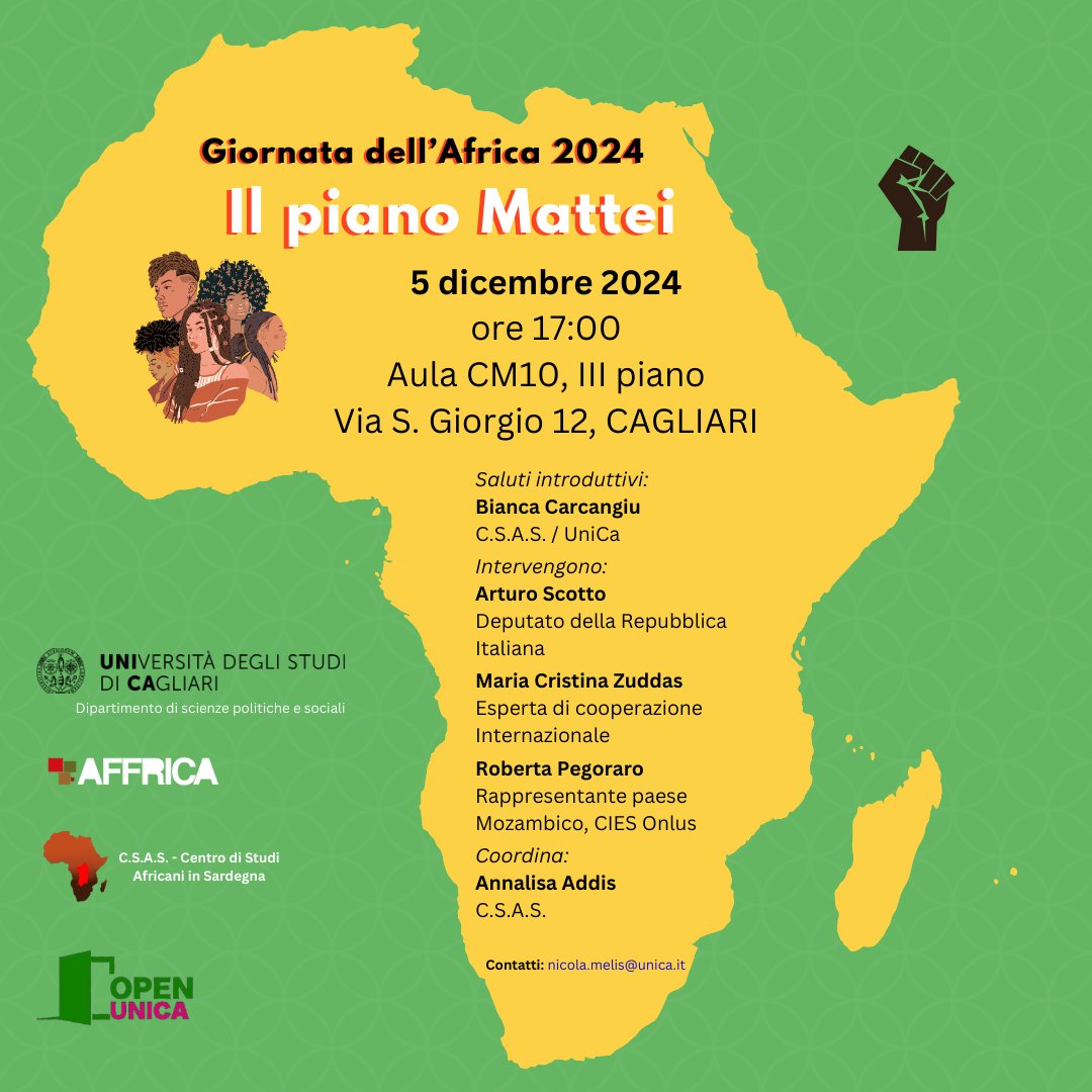 nmelis_unica (@nmelisu) on Twitter photo Il 5 dicembre si terrà a Cagliari La Giornata dell'Africa 2024 (ore 17:00-19:00) e sarà dedicata a un’analisi del "Piano Mattei" per la cooperazione tra Italia e Africa.
<a href="/AFFRICAorg/">AFFRICA</a> <a href="/SPolUniCA/">Dipartimento di Scienze Politiche e Sociali UniCA</a> <a href="/robipeg/">robertapegoraro</a> <a href="/OpenUnica/">OpenUnica</a> Il 5 dicembre si terrà a Cagliari La Giornata dell'Africa 2024 (ore 17:00-19:00) e sarà dedicata a un’analisi del "Piano Mattei" per la cooperazione tra Italia e Africa.
<a href="/AFFRICAorg/">AFFRICA</a> <a href="/SPolUniCA/">Dipartimento di Scienze Politiche e Sociali UniCA</a> <a href="/robipeg/">robertapegoraro</a> <a href="/OpenUnica/">OpenUnica</a>