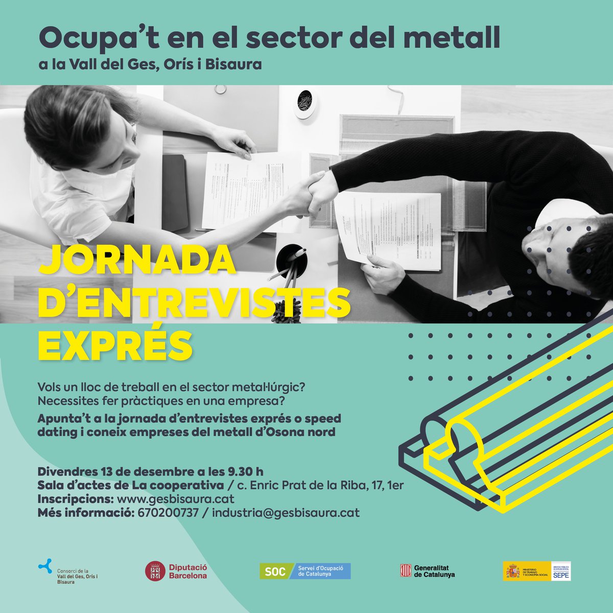 Jornada d'Entrevistes Exprés o Speed Dating amb empreses del sector metall d'Osona nord.

13 de desmbre a Torelló.

Apuntat't!

Més informació i inscripcions a: gesbisaura.cat/quarta-jornada…