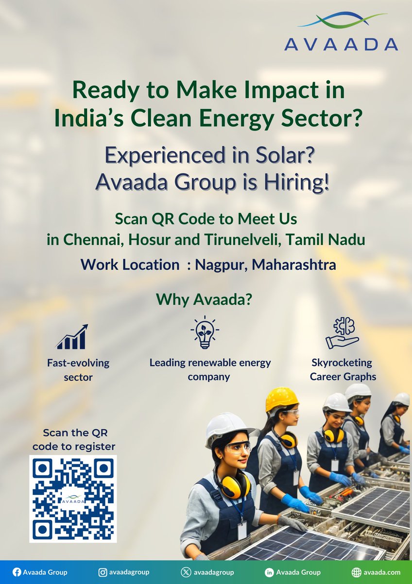 avaadagroup's tweet photo. Avaada’s recruitment drive is soon to reach Tamil Nadu. We are looking for women who are passionate about making an impact in the clean energy sector.  

Scan the QR Code or click this link to meet us: https://t.co/0xgZPD6Ohm

#Hiring #HiringNow #Jobs #RecruitmentDrive #ManufacturingJobs #WorkWithAvaada #AvaadaGroup