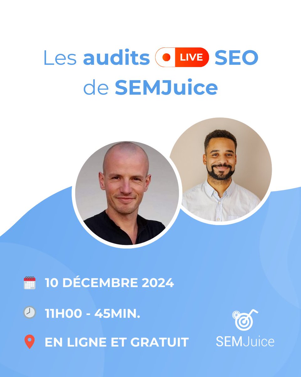 SEM_JUICE's tweet photo. [NEW] Les audits live #SEO de SEMJuice !👀

Nos consultants, Damien Oulagnon et Jérémy Vaucher, auditeront en direct 3 à 4 sites tirés au sort parmi les participants.

📅10 décembre 2024
⏰11h00
📍En ligne &amp; gratuit

Pour + d'infos et proposer votre site⬇️
https://t.co/irmjZtqNFr https://t.co/SShBVYYvUh