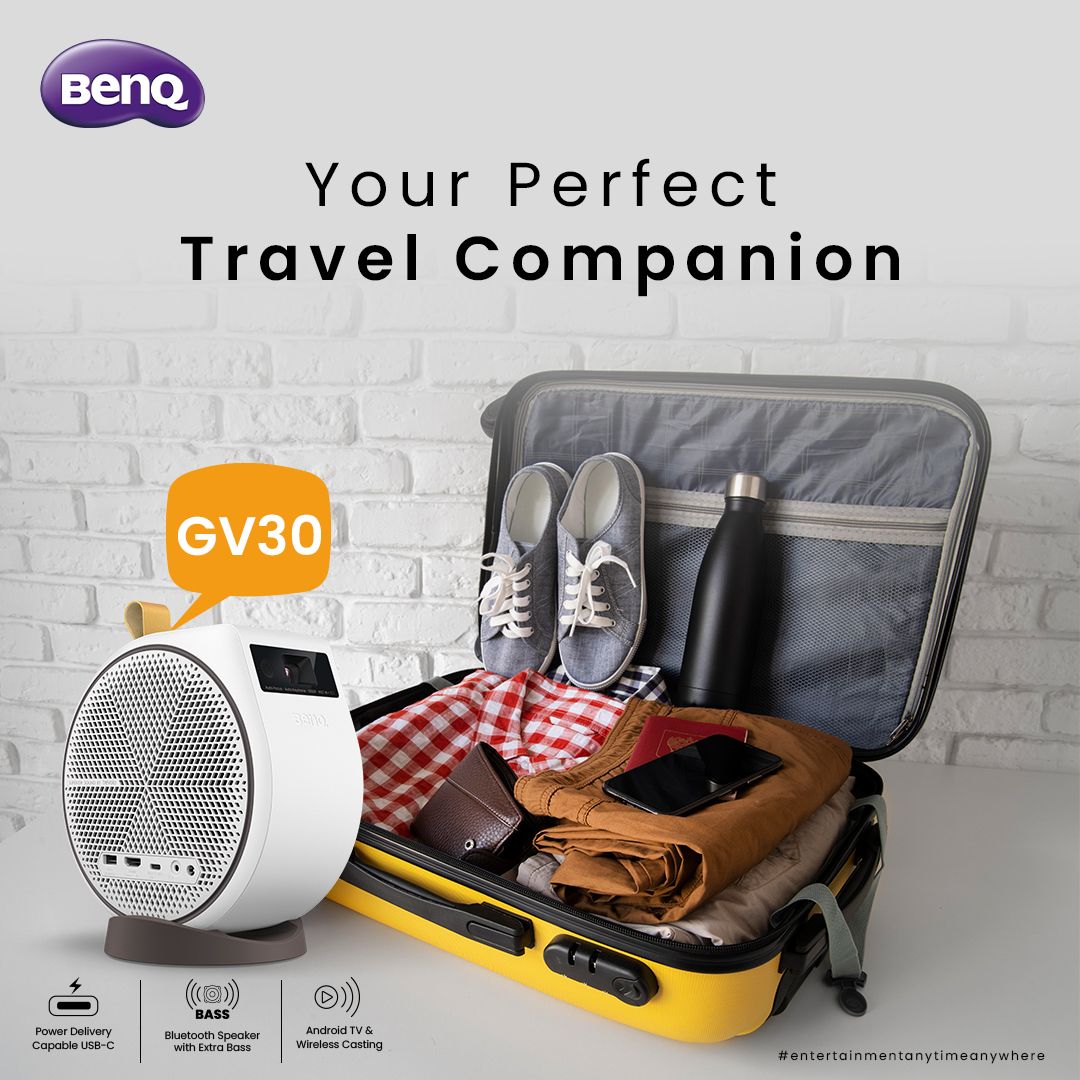 BenQIndia's tweet image. The BenQ GV30 fits right into your travel plans (and your suitcase 😉). With Bluetooth speakers, wireless casting, and up to 135° projection, it’s your perfect travel companion for movies under the stars or cozy nights in.
#portableprojector #travelcompanion #GV30 #entertainment