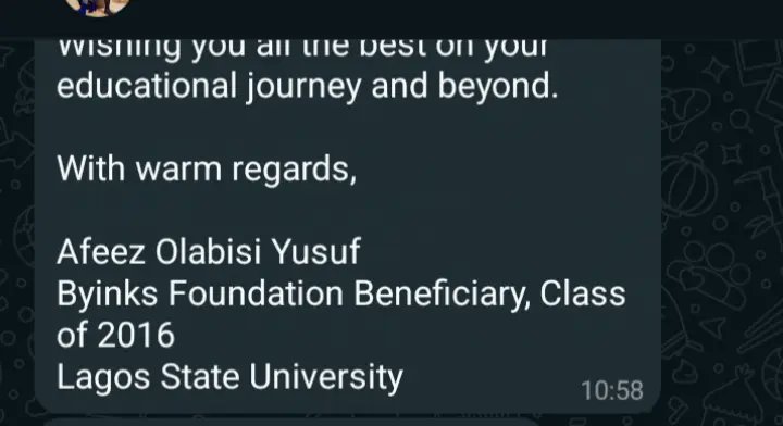Afeez Olabisi Yusuf, a testament to the power of hard work and dedication.
 🎓 Congratulations, Afeez! 🎉 We're so proud of your achievements. 
Here's what he has to say to our newest beneficiaries.

#ScholarshipImpact
#EmpowermentThroughEducation #ChangingLives
#ByinksFoundation