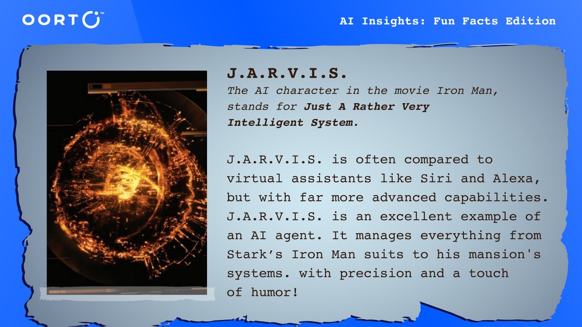 oortech's tweet photo. ๐ค #MondayFunFact: J.A.R.V.I.S., Tony Starkโs AI assistant in Iron Man, stands for:Just A Rather Very Intelligent System. Unlike Siri or Alexa, J.A.R.V.I.S. manages EVERYTHINGโfrom Iron Man suits to mansion systemsโwith precision and humor. https://t.co/OWQkT1ZObn