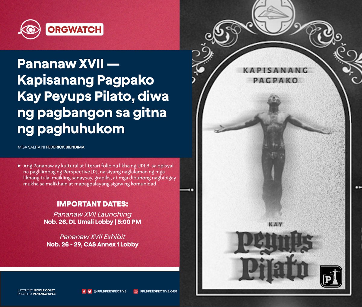 uplbperspective's tweet photo. ORGWATCH | Sa ika-labimpitong edisyon ng Pananaw Folio, hinarap ng mga manunulat at manlilikha ang mga bagay na patuloy na nagpapasakit sa sangkaestudyantehan at komunidad ng UPLB sa kasalukuyan.
PANANAW XVII Registration Form: https://t.co/aEfxHLlisz
#PananawXVII
#UPLBOrgwatch https://t.co/JdYkODVxPF