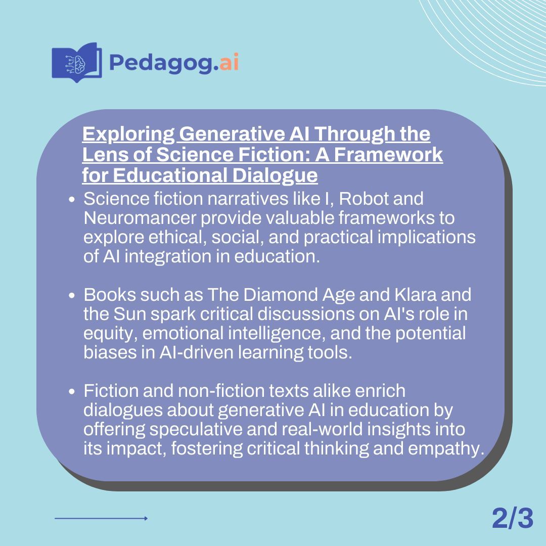 _pedagogy's tweet photo. 💡 This week’s highlights in AI & Education:

- Writing Smarter: ChatGPT as a student’s writing coach—boosting skills while promoting ethical use. https://t.co/Mg3Eg05qIf.  
- Science Fiction Meets AI: Books like I, Robot spark dialogue on ethics in AI education. https://t.co/WVOwgqJ0NW.  
- 5 Forces Shaping Education: AI-driven schools are rewriting the playbook for educational innovation. https://t.co/M4QX93tPXZ.  

Stay inspired! #AIinEducation #FutureOfLearning