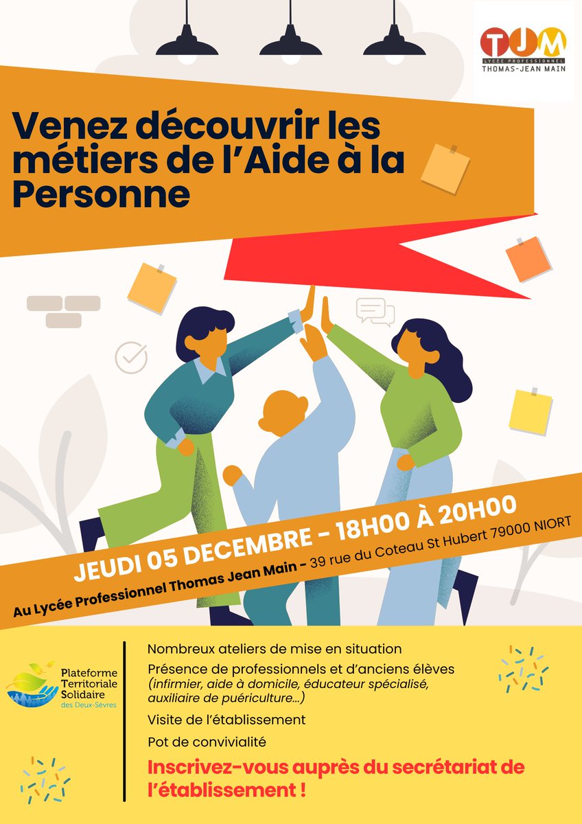 Jeudi 05 décembre 2024, soirée consacrée à la découverte des métiers de l'Aide à la personne : 
📋ateliers
👉rencontrer avec des professionnels 
🪧visite de l'établissement
🥃pot de convivialité

Entre 18h et 20h au lycée !  #aidealapersonne #rencontres #lyceepro #voiepro