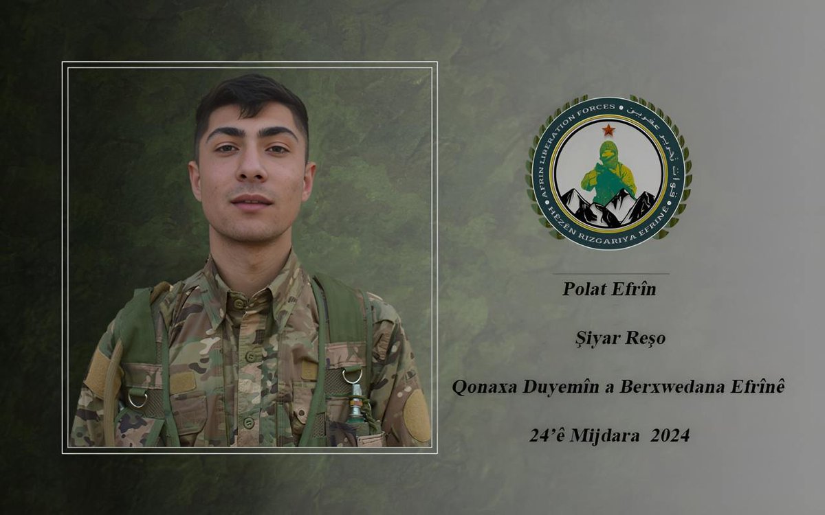 ApocularNews's tweet photo. ‌ HRE: 13 Kasım'da Efrin'in Şêrewa bölgesinde yaralanan yoldaşımız Polat Efrîn bütün tibbi müdahalelere rağmen kurtarılamayarak 24 Kasım'da ölümsüzler kervanına katıldı.‍ https://t.co/hiaYzNSPNu
