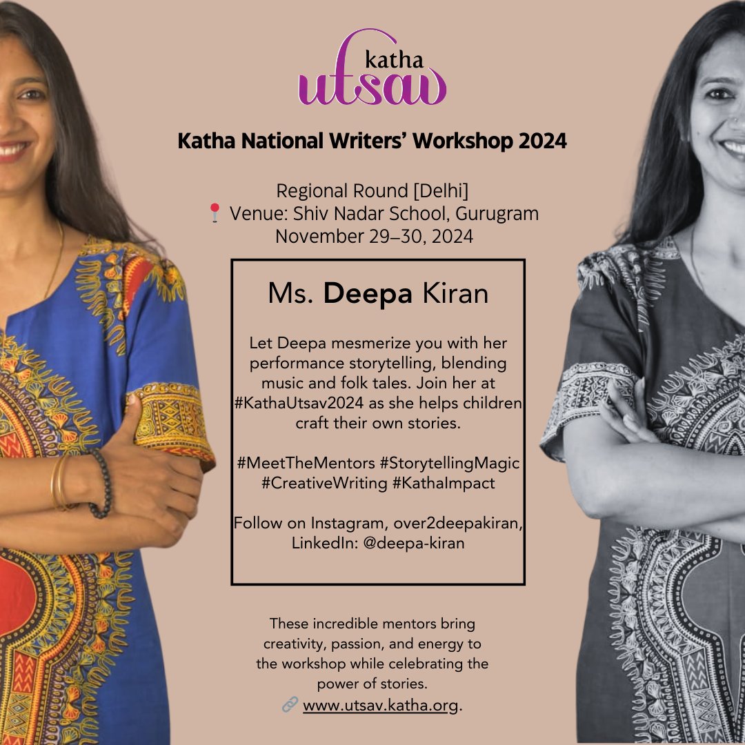 KathaIndia's tweet image. Experience the magic of storytelling with Deepa Kiran! Blending music, dance &amp;amp; narratives, her sessions will leave you spellbound.  
🗓️Nov 29-30  
📍Shiv Nadar School, Gurugram 

#DeepaKiran #InteractiveStorytelling #StorytellingMatters #KathaUtsav2024