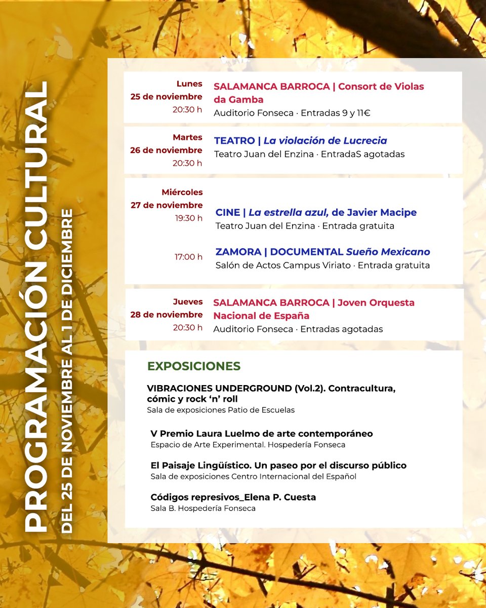 ¡Feliz lunes!

Terminamos el mes de noviembre con teatro, música, cine y exposiciones.

Más información en sac.usal.es
