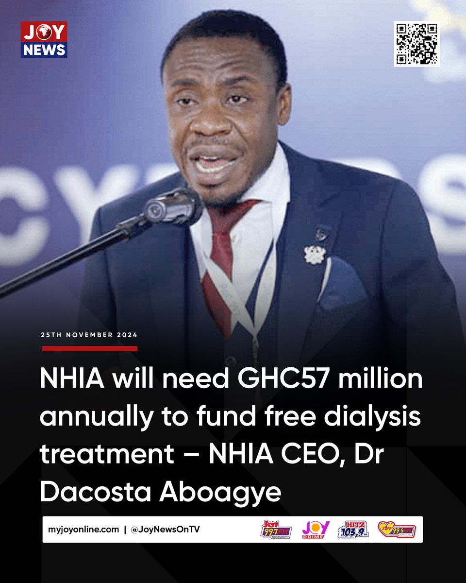 JoyNewsOnTV's tweet photo. NHIA will need GHC57 million annually to fund free dialysis treatment – NHIA CEO

#JoyNews https://t.co/l2LQS4TJvX