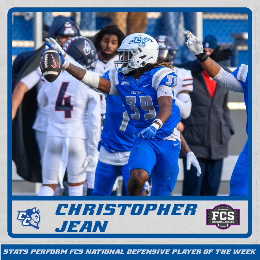 CCSUBlueDevils's tweet photo. Monday means award posts about @ccsu_fb 

🏈Jean named FCS National Defensive Player of the Week
🏈Jean also earns @NECFootball Defensive and Rookie of the Week honors
🏈E. Howard and Walden, Jr. tabbed #NECPrimePerformers

📰https://t.co/MN1h9CFEyY

#GoBlueDevils | #NECFB https://t.co/OZi4NHqum2