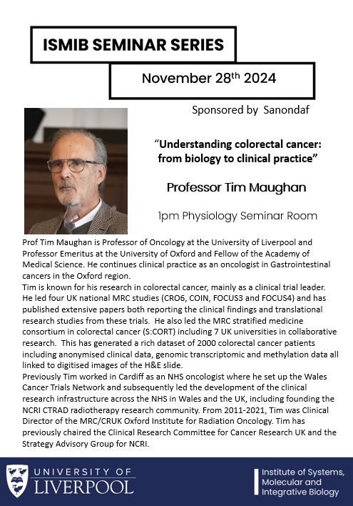 Molecular & Clinical Cancer Medicine (MCCM) (@livunicancer) on Twitter photo This Thursday (28th Nov) catch, Prof Tim Maughan present “Understanding colorectal cancer: from biology to clinical practice”
1-2pm Physiology Seminar Room! All welcome
<a href="/LivUniISMIB/">Inst of Systems, Molecular & Integrative Biology</a>
#cancerresearch #education #clinicalcancer This Thursday (28th Nov) catch, Prof Tim Maughan present “Understanding colorectal cancer: from biology to clinical practice”
1-2pm Physiology Seminar Room! All welcome
<a href="/LivUniISMIB/">Inst of Systems, Molecular & Integrative Biology</a>
#cancerresearch #education #clinicalcancer