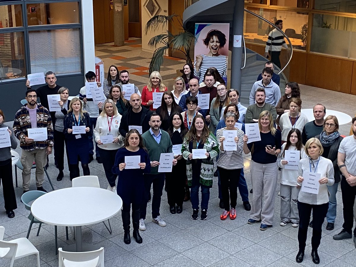 NUJDublinBroadcasting (@dublinnuj) on Twitter photo RTÉ staff in Dublin gathered for our latest minute silence to honour those killed & call on Israel to stop killing journalists in Gaza & Sth Lebanon, & to allow international media in. Killing journalists & banning media = silencing truth. #SupportPalestinianJournalists RTÉ staff in Dublin gathered for our latest minute silence to honour those killed & call on Israel to stop killing journalists in Gaza & Sth Lebanon, & to allow international media in. Killing journalists & banning media = silencing truth. #SupportPalestinianJournalists