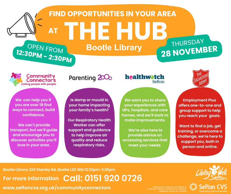 The Hub in Bootle Library starts this Thursday! Drop in between 10:30am and 2:30pm for advice and support from local community groups and services. For more information, contact @seftoncvs on 0151 920 0726.