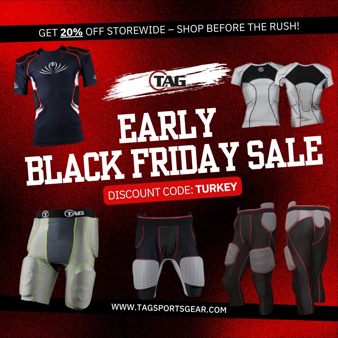 tagsportsgear's tweet image. 🏆 Gear up before the big day! Our Early BLACK FRIDAY SALE is here: enjoy 20% off everything at tagsportsgear.com with code TURKEY. 

Don’t miss out—sale ends soon! 🛒✨

#TAGSports #EarlyBlackFriday