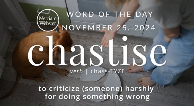 Merriam-Webster Word of the Day November 25, 2024 'chastise' verb | chass-TYZE "to criticize (someone) harshly for doing something wrong" Background Image: A dog standing next to their owner and a broken plate