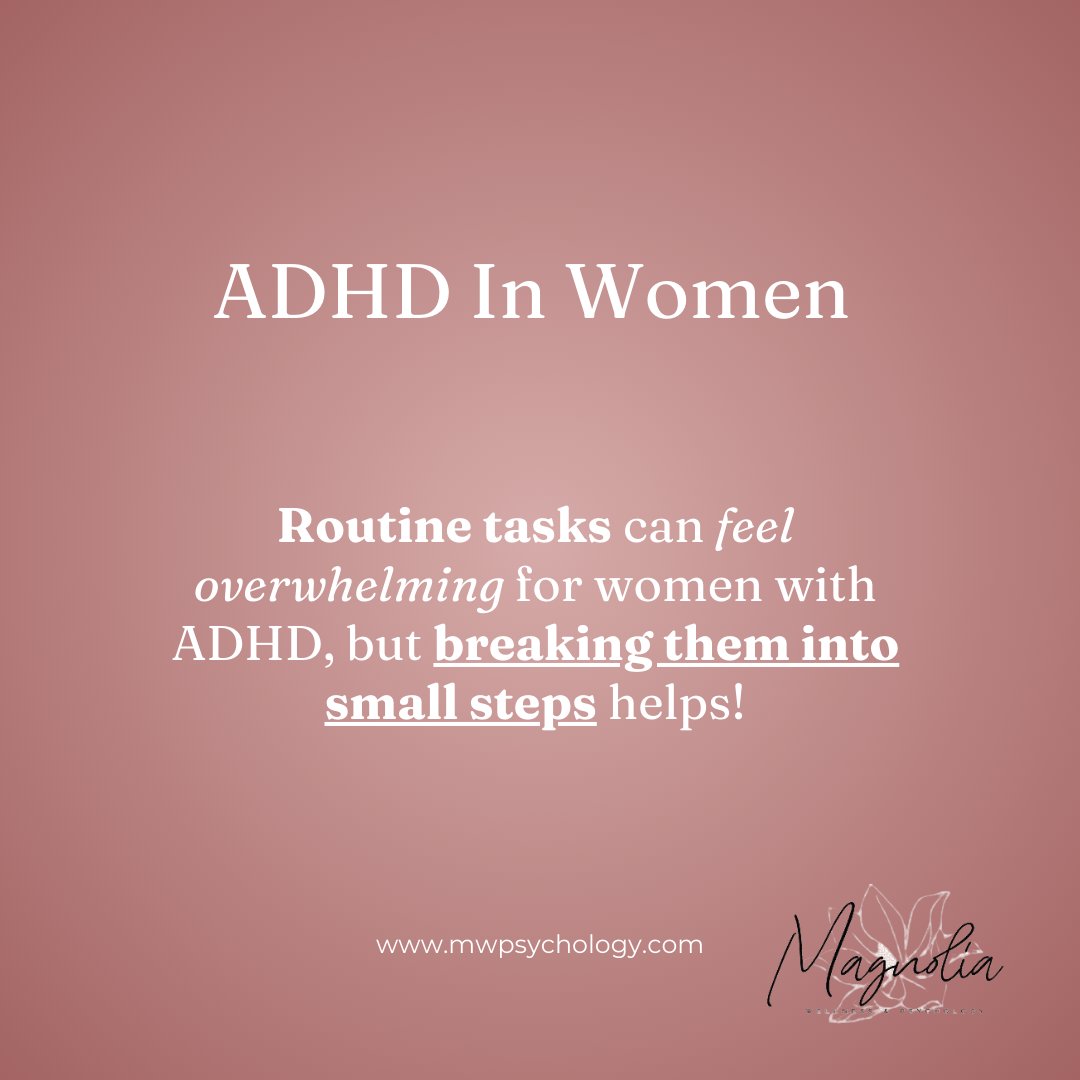 mwpsychology1's tweet image. Routine tasks can feel overwhelming for women with ADHD, but breaking them into small steps can make all the difference! 🌼✨💪 Schedule your initial appointment today! mwpsychology.com/contact-us 

#adhdstruggles #adhdsolutions #adhdproblems  #adhdawareness #mwpsychology