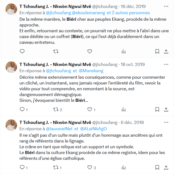 jtchoufang's tweet photo. @TheCameroonianZ Bien évidemment.
Et j'en profite pour aller un cran plus loin, avec la manière de prendre en charge ou de rendre hommage les disparus, via la conservation des reliques.
Le #Bieri chez les #Ekang rappelle la conservation du crâne en pays #Bamiléké. https://t.co/nGuqiHMWKk