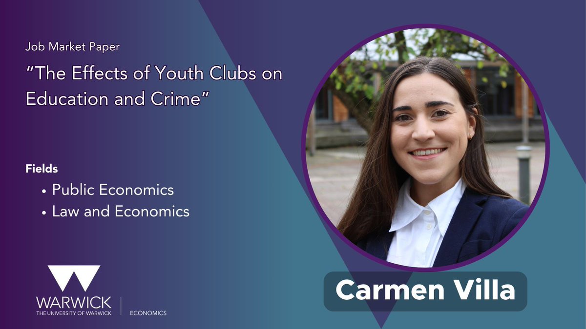 <a href="/carmenvillaecon/">Carmen Villa</a> specialises in public economics and law and economics. 

Her JMP shows that the closure of youth clubs due to austerity cuts led to decreases in educational performance and rises in youth offending 

buff.ly/3Z8qza2 

#EconJobMarket