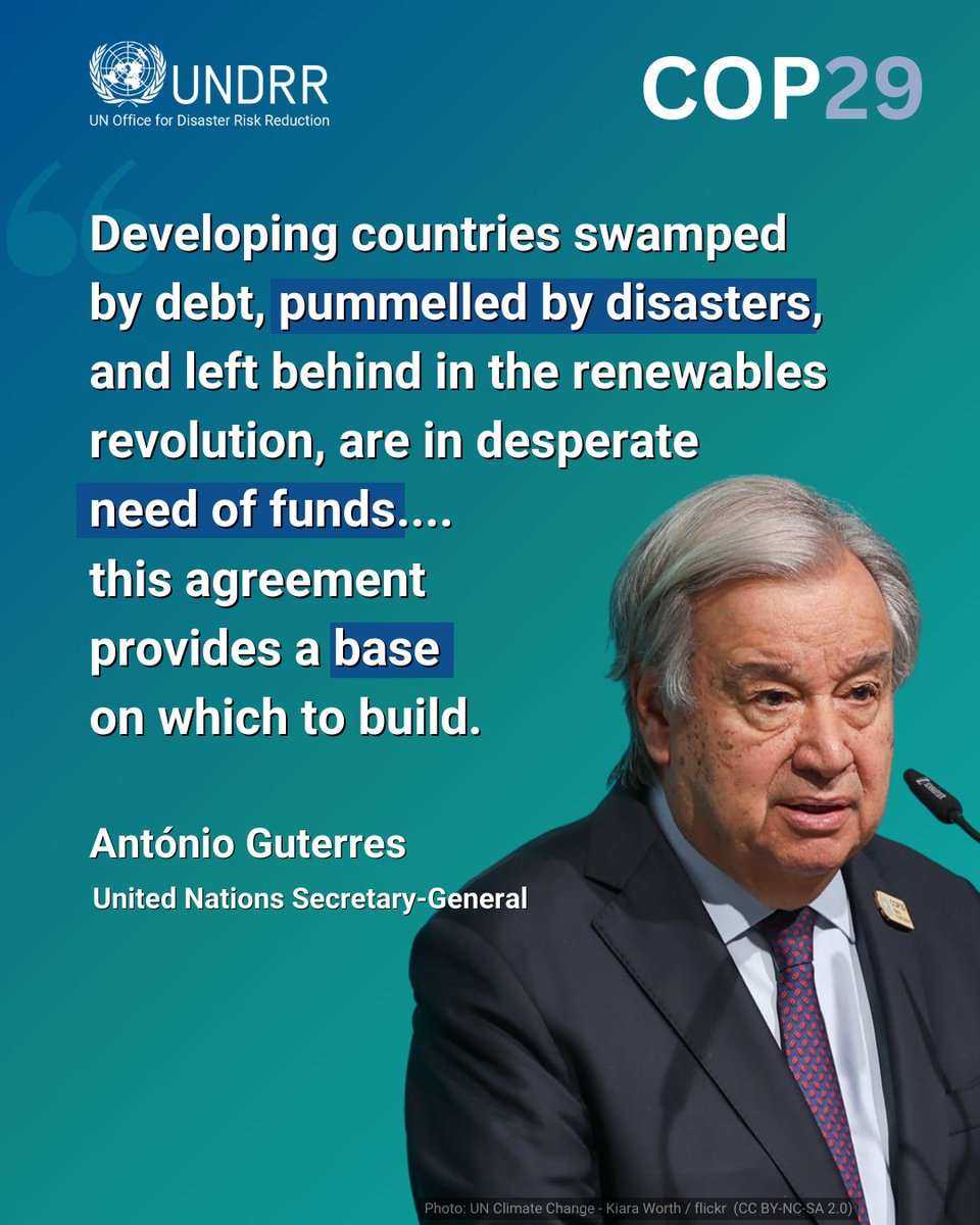 UNDRR's tweet photo. "#COP29 comes at the close of a brutal year – a year seared by record temperatures, and scarred by climate disaster, all as emissions continue to rise," UN S-G António Guterres. 🌐

Read his full statement ➡️ https://t.co/18pC1neIAJ https://t.co/8fLFdHzmLm