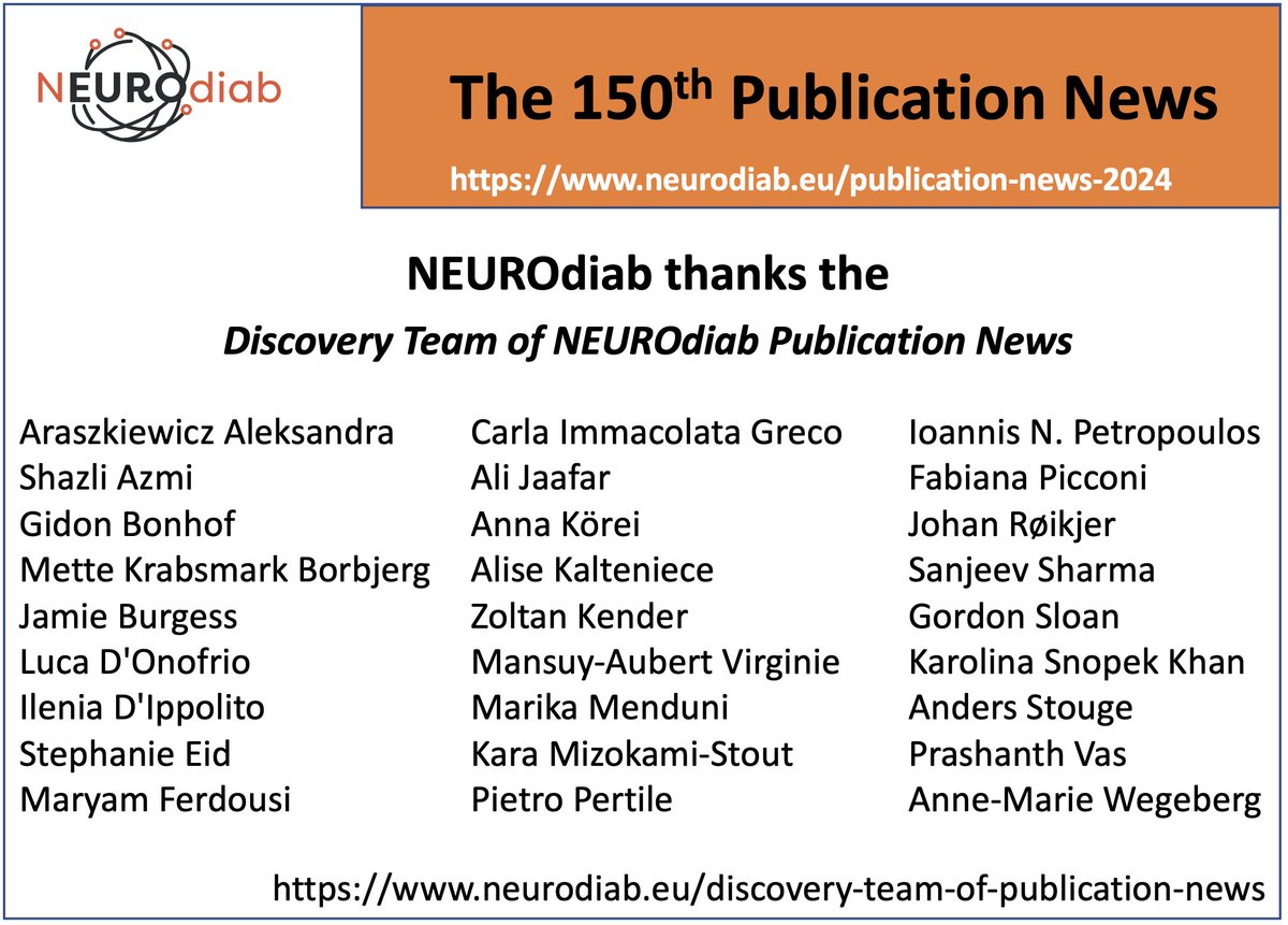 In the occasion of the 150th Publication News NEUROdiab thanks the Members of the Discovery Team of Publication News (neurodiab.eu/discovery-team…)