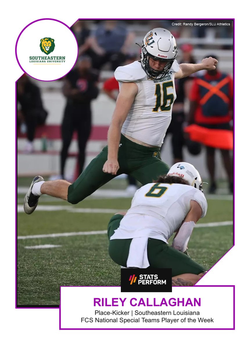 Stats Perform FCS National Special Teams Player of the Week          

Congratulations to Southeastern Louisiana PK Riley Callaghan.

Story: theanalyst.com/2024/11/stats-…