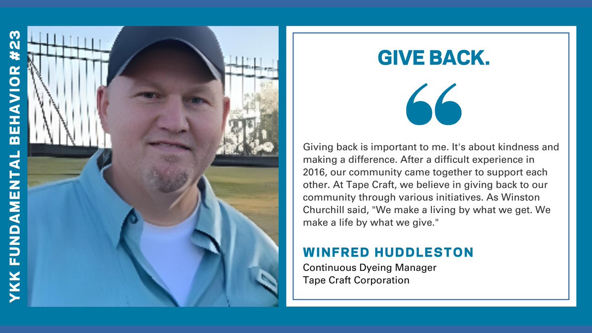 ykkfasteners's tweet photo. "At Tape Craft, giving back is fundamental. As Winfred Huddleston says, 'We make a life by what we give.' From aiding storm victims to holiday food drives and honoring my daughter's memory with community initiatives, we aim to make a meaningful impact."

#YKK #CycleofGoodness https://t.co/Oj8LSmF65x