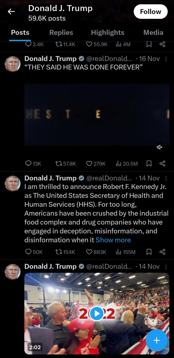 155 Million Views for <a href="/realDonaldTrump/">Donald J. Trump</a> Post for the announcement of RFK Jr as Secretary of Health. That's more then all the mainstream media combined. <a href="/elonmusk/">Elon Musk</a> was on point when he stated   X is the source of News Now.