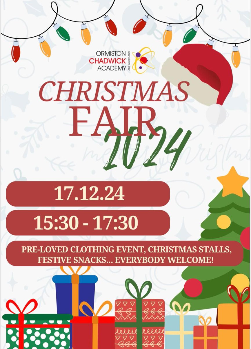 OATChadwick's tweet photo. A DATE FOR ALL OF YOUR DIARIES! Our annual OCA Christmas Fair takes place on Tuesday 17th December from 3:30pm-5:30pm. If you would like to have a stall, then please contact the OCA reception for details. We will see you there!
#TeamOCA #christmasfair #OAT https://t.co/yK4Y1gzqdh