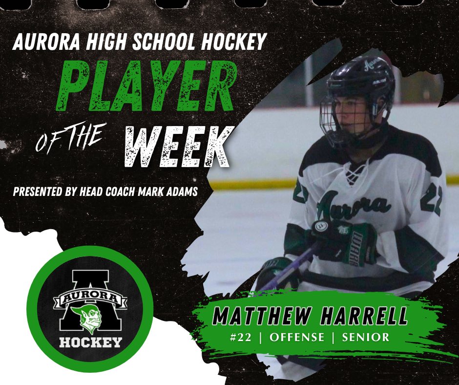 📣 Aurora Hockey Player of the Week: Matthew Harrell! 🏒💪🏻
✳️ Photo Credit: Gabby Greenberg, AHS Senior <a href="/GabbyGreenberg_/">Gabby !!</a> 
#aurorahockey #gogreenmen #playeroftheweek