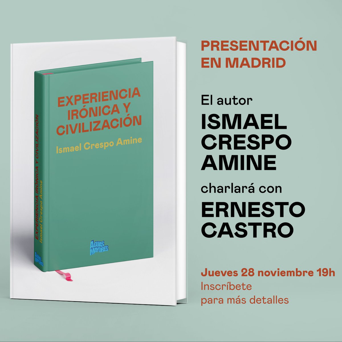 Presentación en Madrid del nuevo libro que avanza la teoría ultrarracionalista.

El autor, Ismael Crespo Amine, charlará con Ernesto Castro.

📝Inscríbete 👉forms.gle/faVwfudJPr49Qp…
📗Consigue el libro 👉 aguasmayores.com/product/experi…