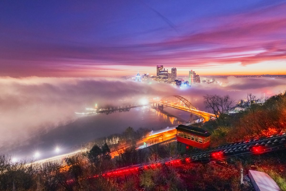 What a morning in #Pittsburgh today. Not only did we have some low river fog, but sunrise was incredible as well. I bounced around to a bunch of places before setting up at the incline for a timelapse, and the view couldn't have been more perfect.