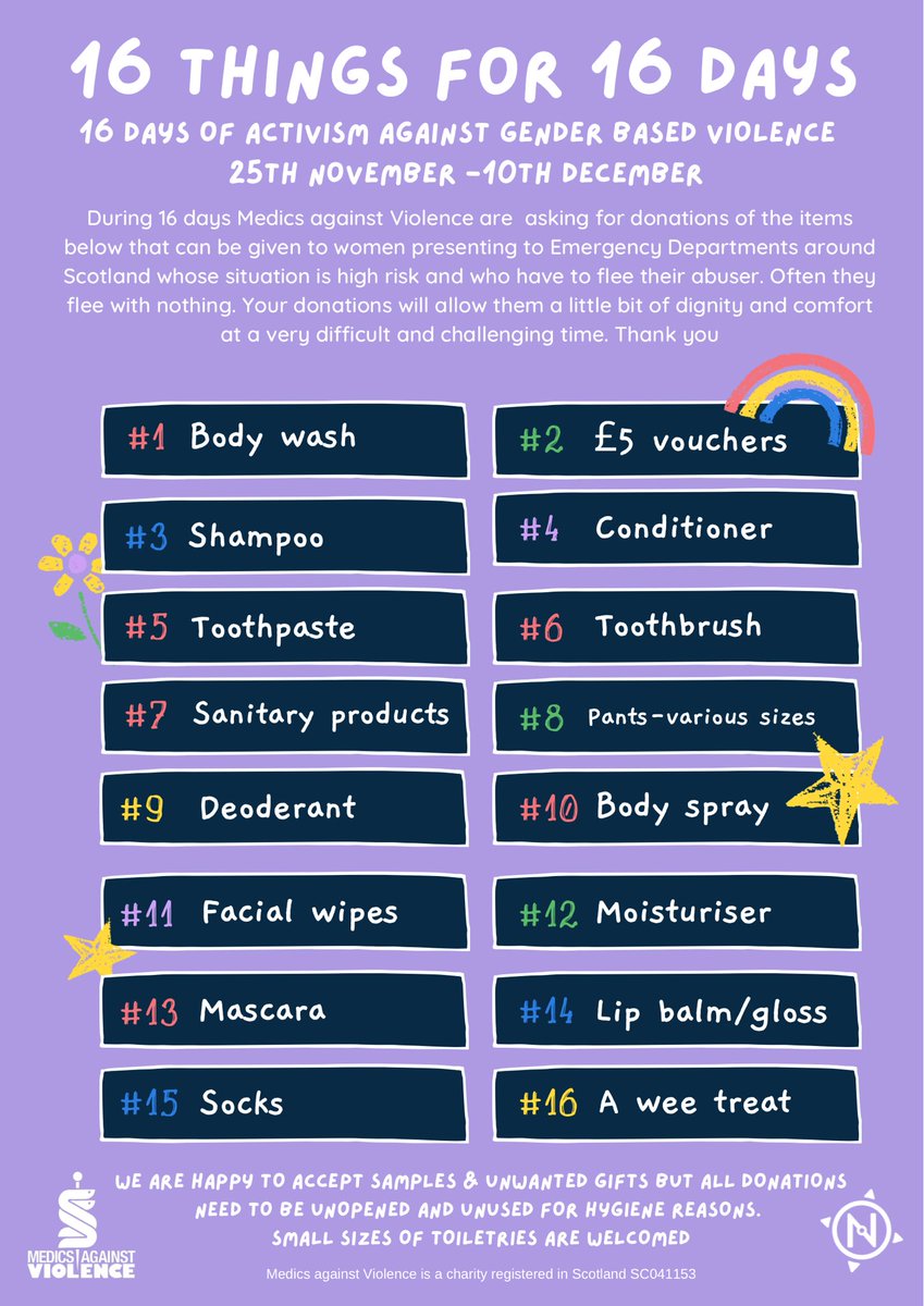 Medics Against Violence (@mavscotland) on Twitter photo For #16Days we are asking for donations of toiletries and other personal items that our <a href="/NavigatorsScot/">Navigator Scotland</a> and their NHS colleagues can give to women fleeing DA who come into the ED.
You can donate in participating EDs via <a href="/NavigatorsScot/">Navigator Scotland</a> or we can collect: email info@mav.scot For #16Days we are asking for donations of toiletries and other personal items that our <a href="/NavigatorsScot/">Navigator Scotland</a> and their NHS colleagues can give to women fleeing DA who come into the ED.
You can donate in participating EDs via <a href="/NavigatorsScot/">Navigator Scotland</a> or we can collect: email info@mav.scot