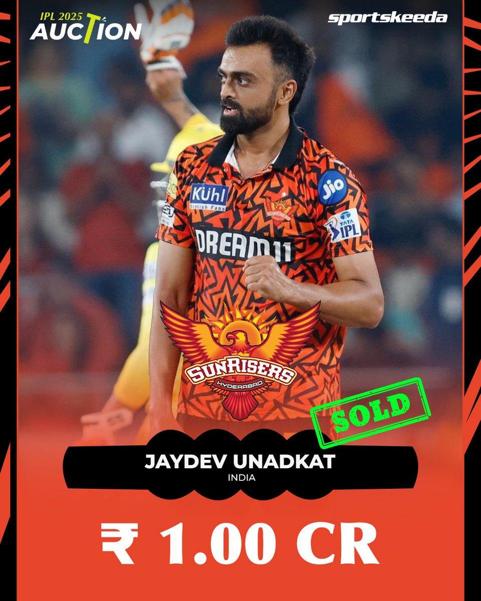 Sportskeeda's tweet image. Indian pacer Jaydev Unadkat is sold to Sunrisers Hyderabad for ₹1 Crore! 💰🟠

#JaydevUnadkat #IPL2025 #SRH #Sportskeeda