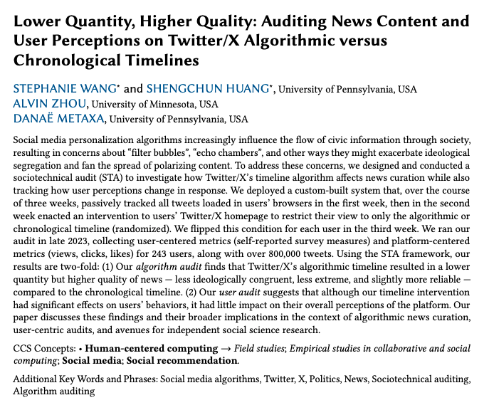 This <a href="/ACM_CSCW/">ACM CSCW</a> paper confirms the findings of the recent Nature paper on chrono feeds. Algorithmic feeds lead to more centrist, trustworthy content, but have little impact on user behavior. An independent audit of platforms w/o access to internal data!

dl.acm.org/doi/10.1145/36…