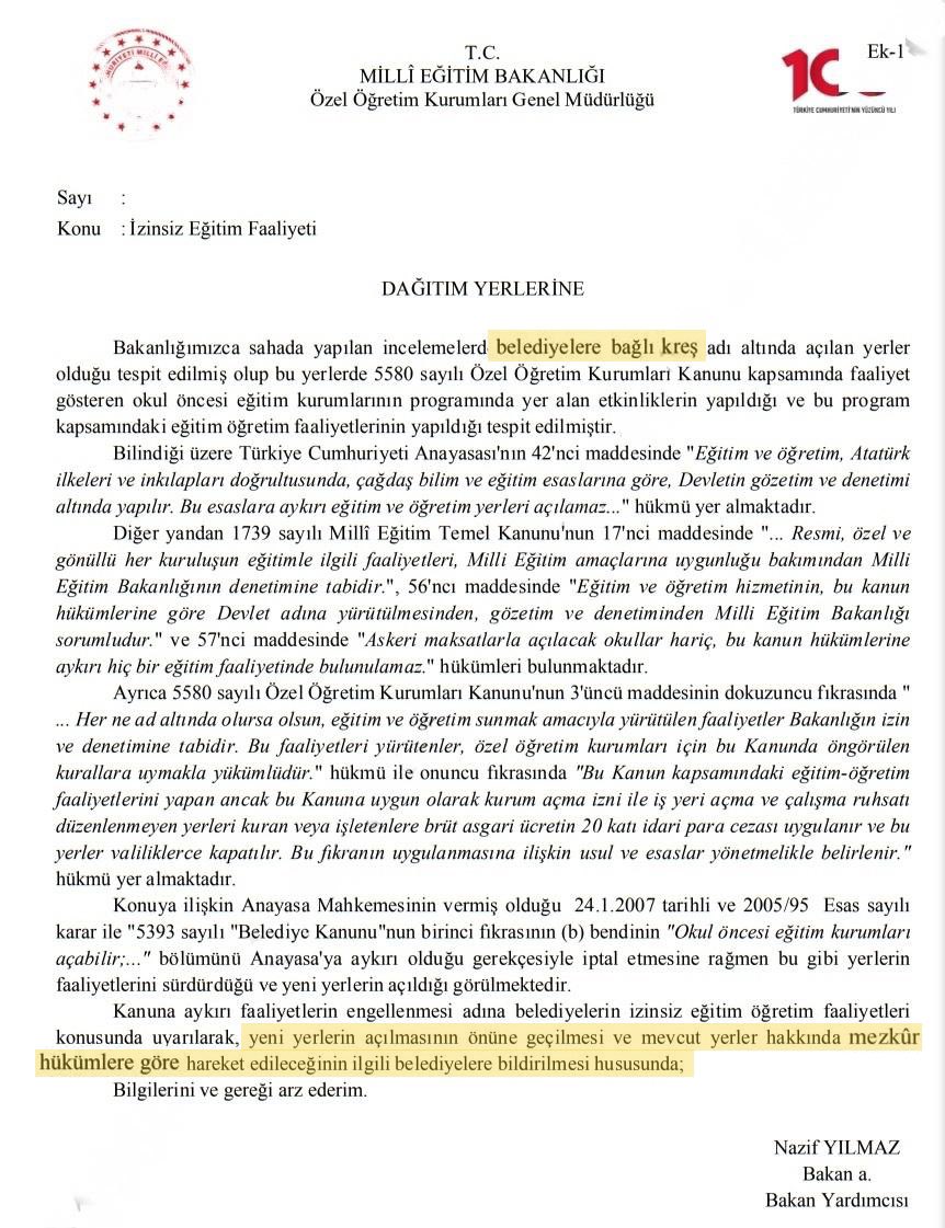 Milli Eğitim Bakanı, “gönderdiğimiz yazı kreşle alakalı değil anaokulu ile alakalı” demiş. İşte resmi yazı burada. İlk satırdan itibaren belediyelerin kreşlerini dile getiriyor. 

Resmi yazıya kreş yazıp, sonra “ben kreş demedim anaokulu dedim” demek bu akla yakışır. Ayrıca son