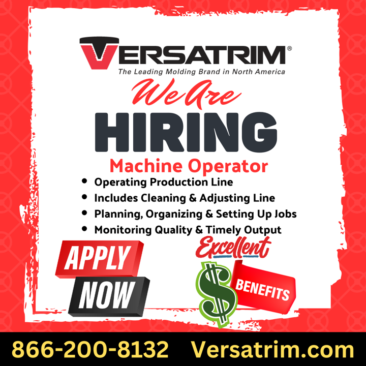 VersatrimLLC's tweet photo. We're now hiring a Machine Operator to work on our production line!

Responsibilities will include:
🔧 Cleaning &amp; adjusting the production line
📋 Planning &amp; organizing job setups
✅ Monitoring quality &amp; ensuring timely output

Apply at https://t.co/PwlhN32a2j

#Versatrim #Hiring https://t.co/mXX4HAE8kk
