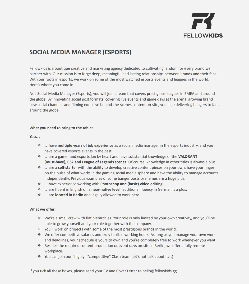 ...want to work on some of the most banger esports projects in the world?  

We are hiring: 
🆕 Social Media Manager (esports, full-time, Berlin-based)